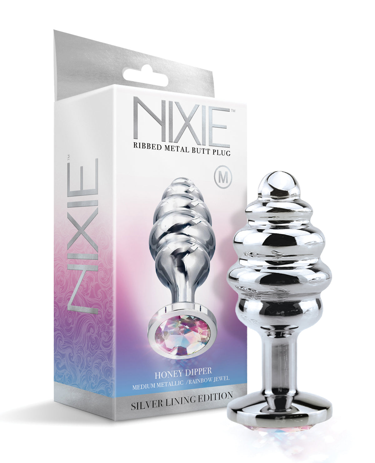 Nixie Honey Dipper Ribbed Metal Rainbow Jeweled Butt Plug - Medium