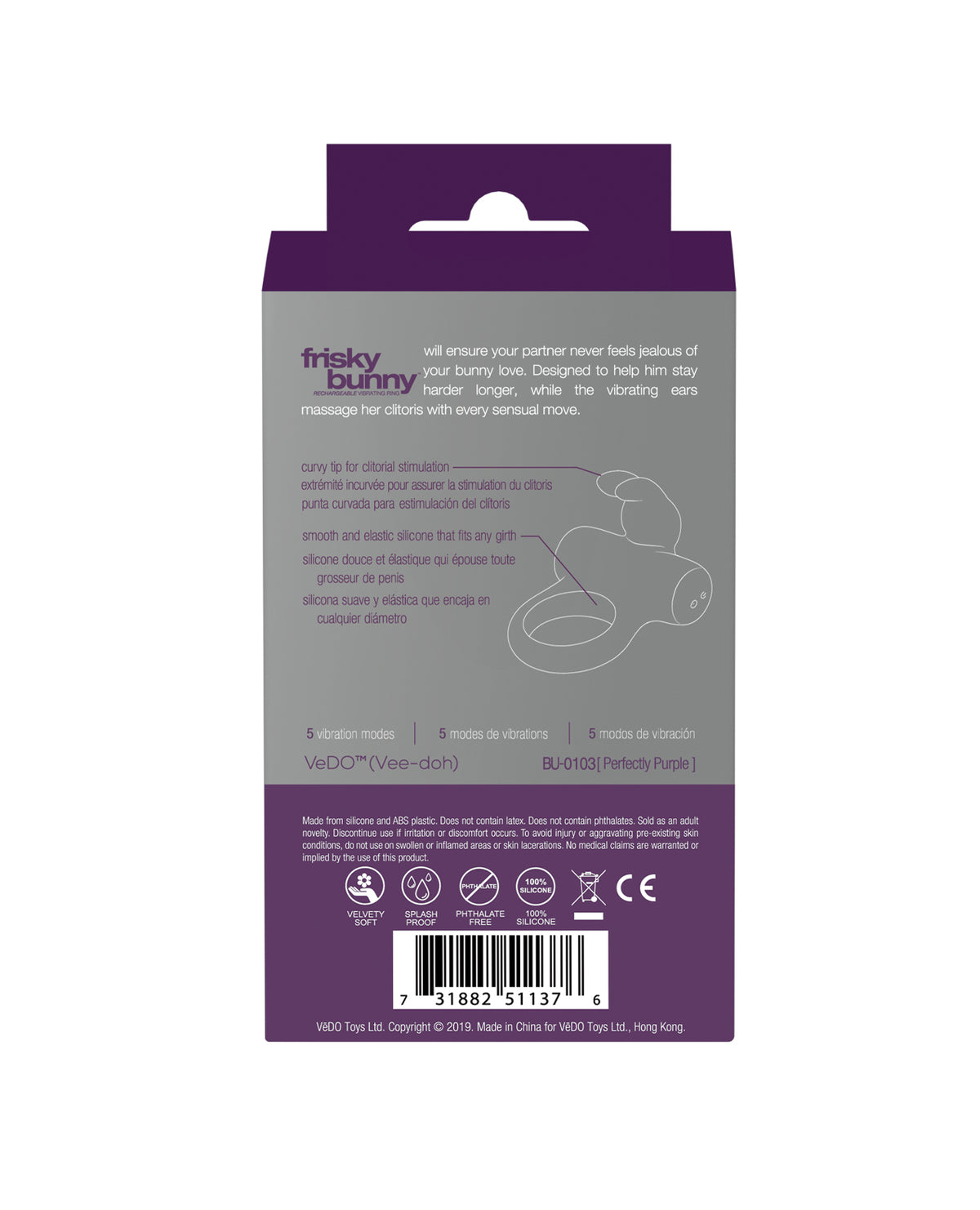 VeDO Frisky Bunny Rechargeable Vibrating Ring - Perfectly Purple
