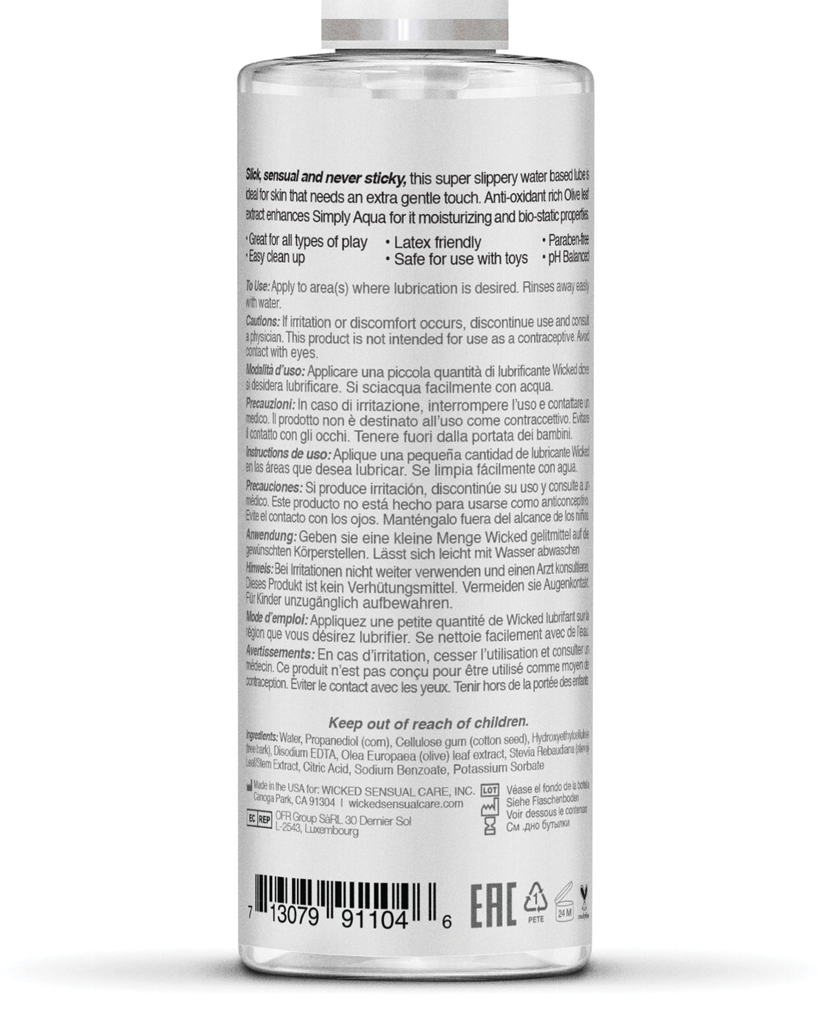 Wicked Sensual Care Simply Aqua Waterbased Lubricant - 4 oz